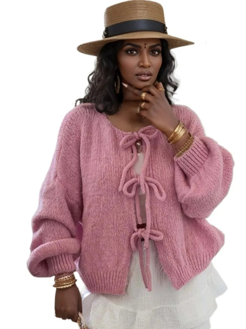 Jasmine Cardigan Tricoté Épais Hivernal Pour Femme Avec Nœud Devant Confortables