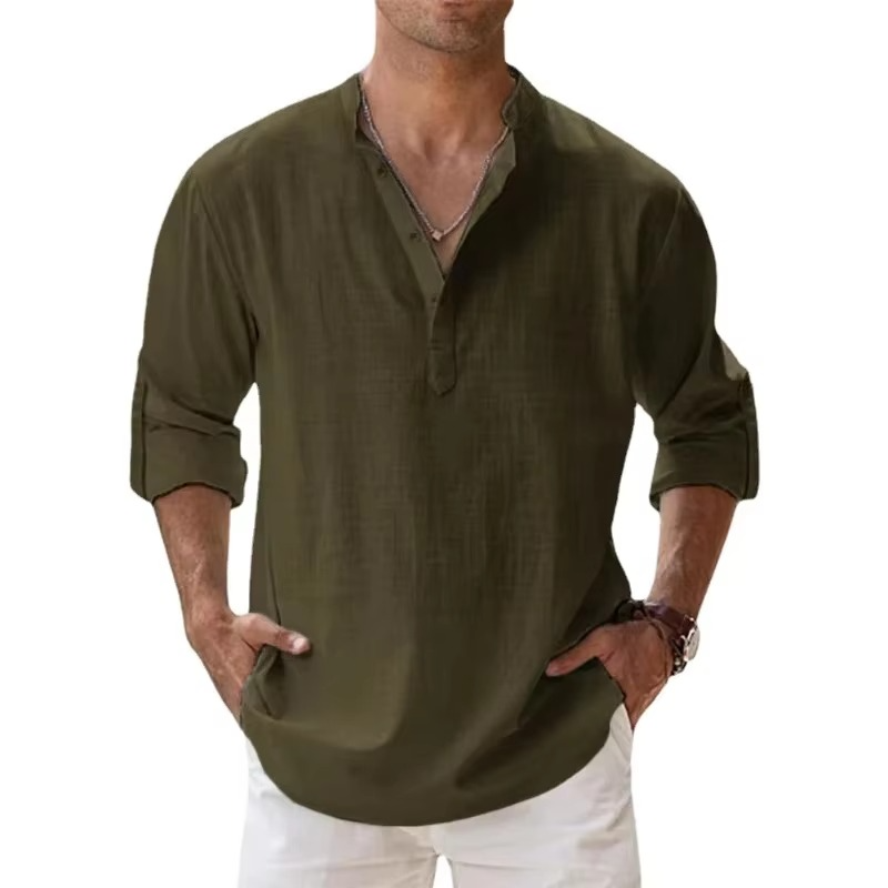 Chemise Henley Légère En Coton Lin Pour Homme Manches Longues Idéale Pour Été Vêtements De Plage Décontractés