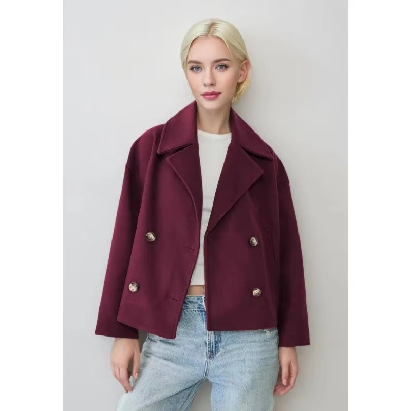 Manteau Court Automne En Laine Mélangée Pour Femme Avec Boutonnage Double Devant Et Col Revers