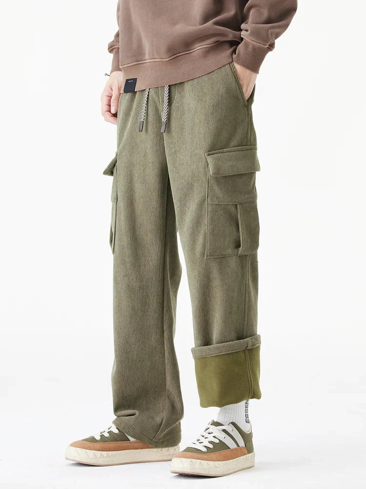 Pantalon De Sweat Velours Côtelé Doublé Polaire Intérieur Coupe Droite Décontractée Style Cargo Hivernal Confort