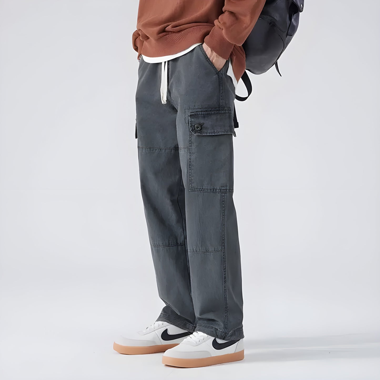 Darson Pantalon Cargo Coton Respirant Couleur Lavée Coupe Droite Ample Poches Cargo Cordon Serrage Genou Patch