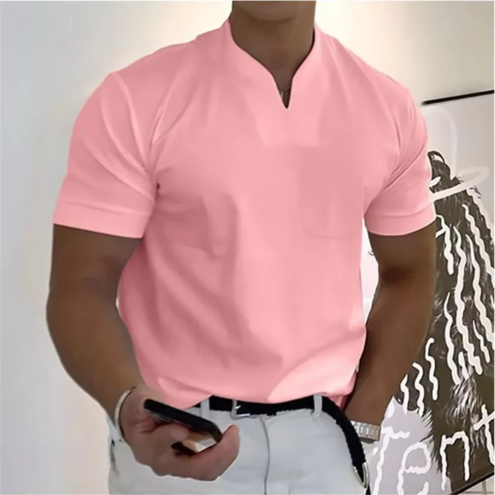 T Shirt Homme Été Col V Manches Courtes Coton Élastique Respirant Athlétique Décontracté