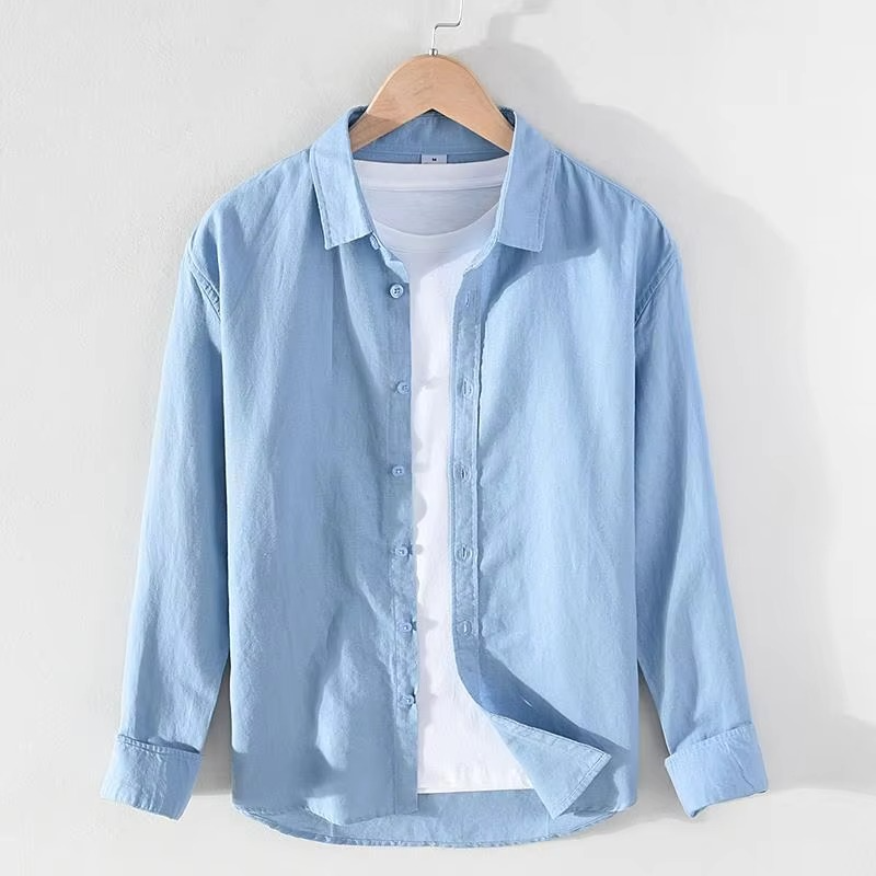 Chemise Homme Lin Vintage Col Montant Manches Longues Boutonnée Léger Respirant de M à 3XL