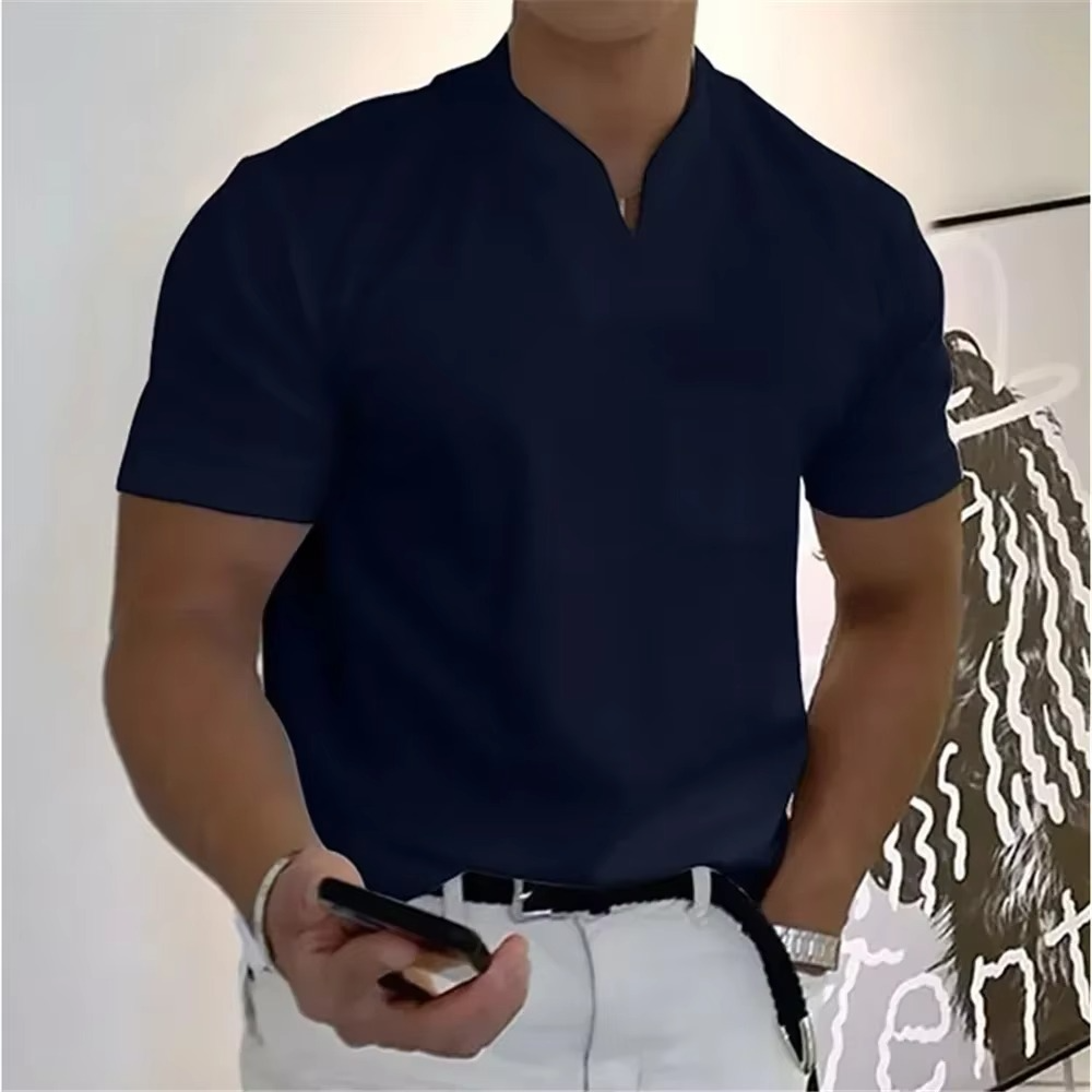 T Shirt Homme Été Col V Manches Courtes Coton Élastique Respirant Athlétique Décontracté