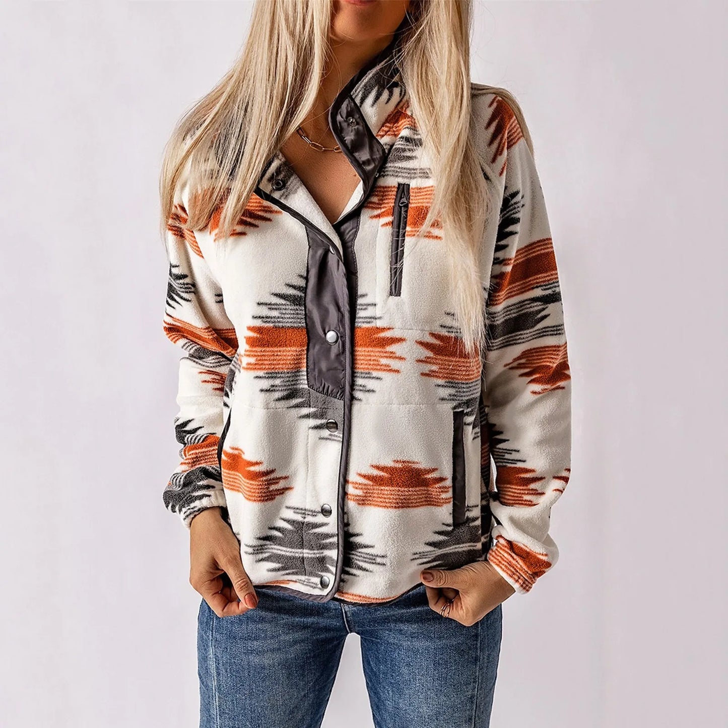 Sierra Dawn Pull Polaire Corail À Motifs Ethniques Et Design Bicolore Avec Fermeture Par Boutons
