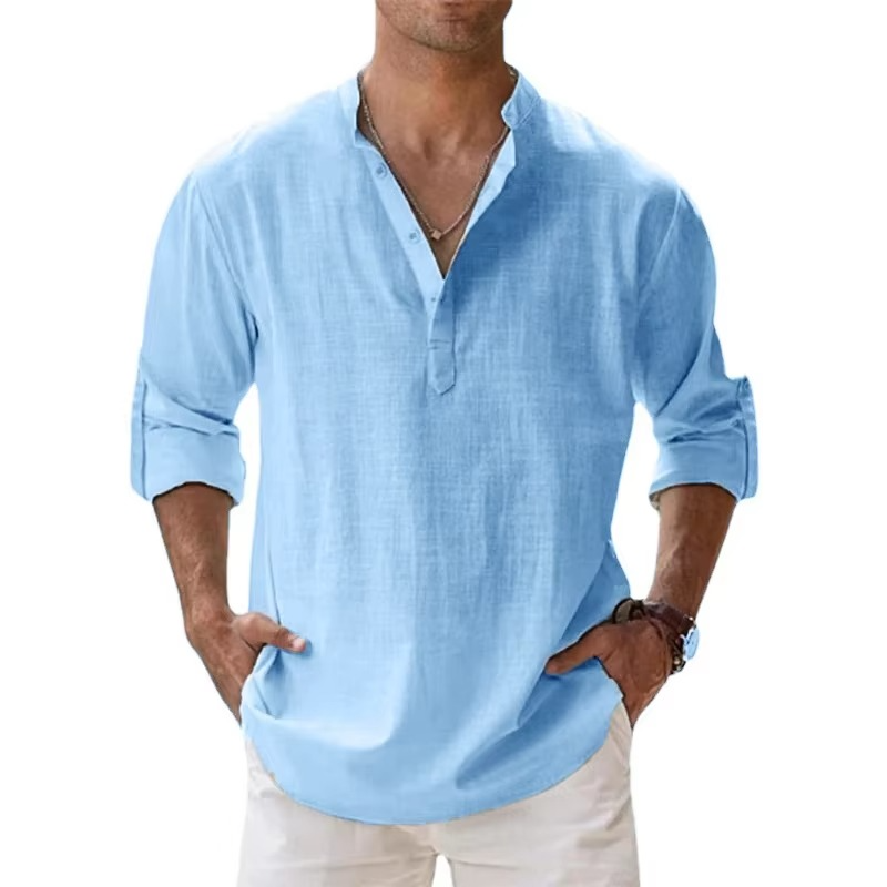 Chemise Henley Légère En Coton Lin Pour Homme Manches Longues Idéale Pour Été Vêtements De Plage Décontractés