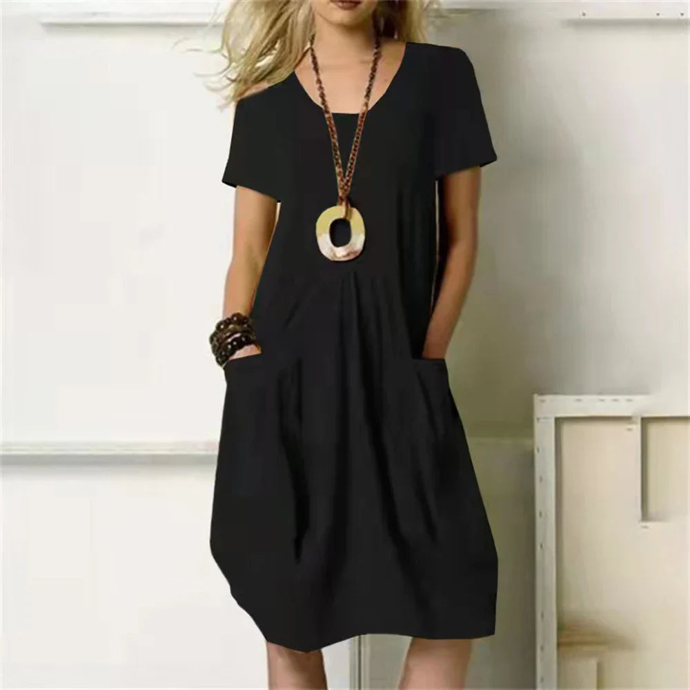Robe D'Été Femme Sharon Confortable En Mélange Coton Lin Respirant Coupe Décontractée Genou