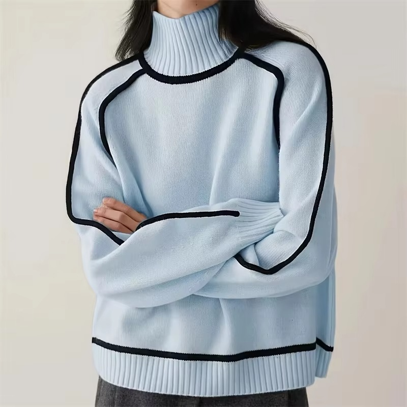 Pull Col Roulé À Rayures Femme Tricot Décontractée Manche Longue Chaud Et Élégant