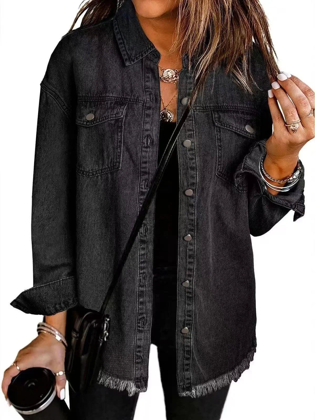 Sophia Amawinc Veste Chemise Denim Doux Lavé Coton Ourlet Frangé Décontractée Pour Superposition