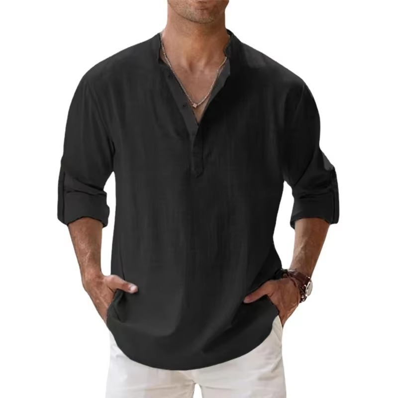 Chemise Henley Légère En Coton Lin Pour Homme Manches Longues Idéale Pour Été Vêtements De Plage Décontractés