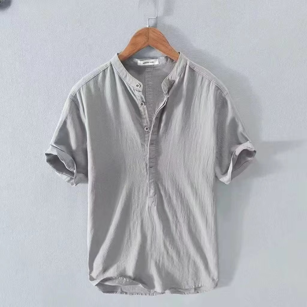 Chemise Homme En Coton Lin Manches Courtes Couleur Unie Décontractée Été Plage Respirante et Légère