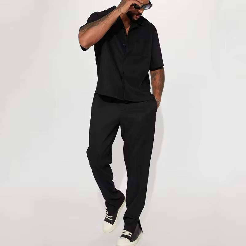 Ensemble Deux Pièces Solide Décontracté Streetwear Pour Homme Chemise À Manches Courtes Avec Pantalon Coordonné