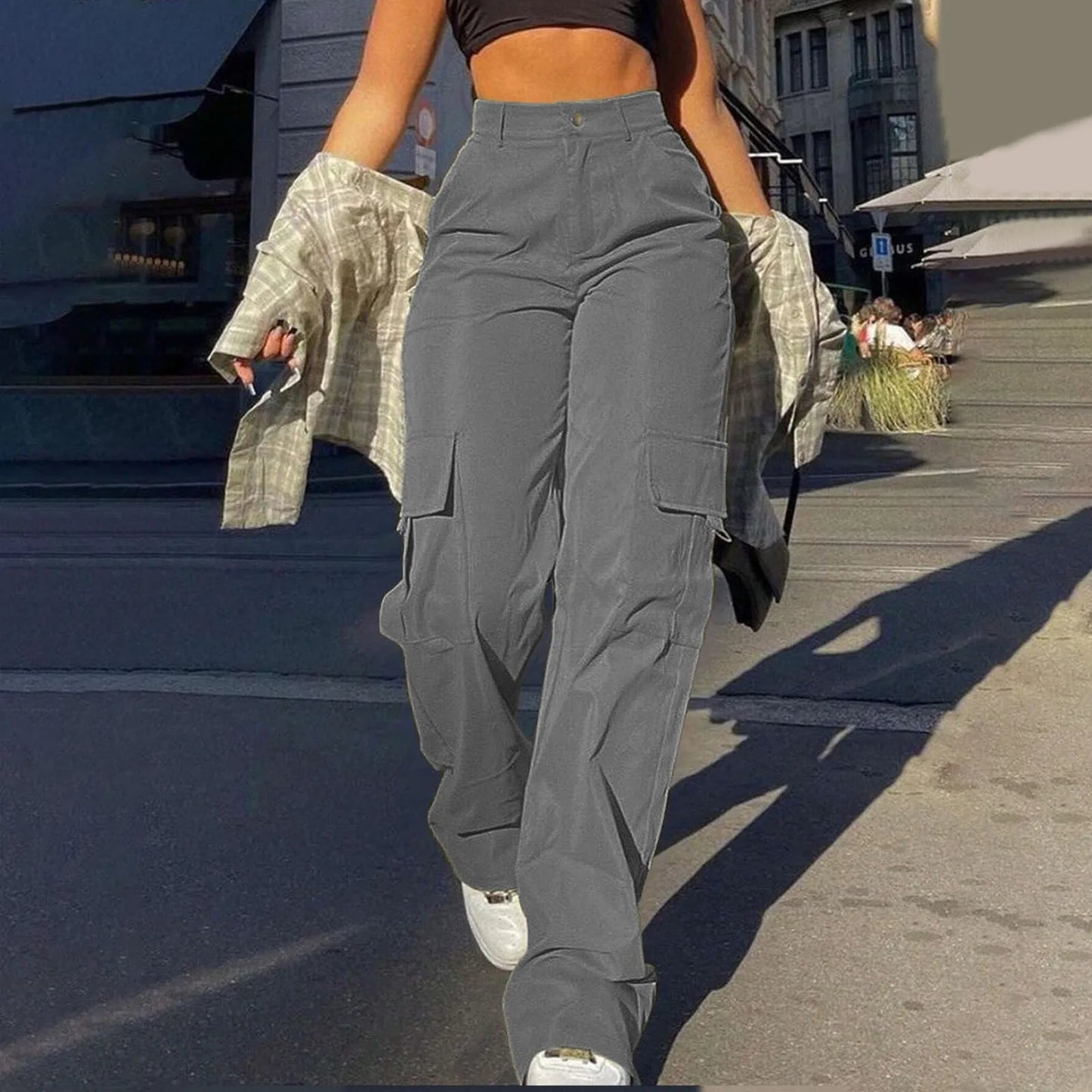 Kate Pantalon Cargo Femme Taille Haute À Jambe Évasée Avec Poches Cargo Pratiques