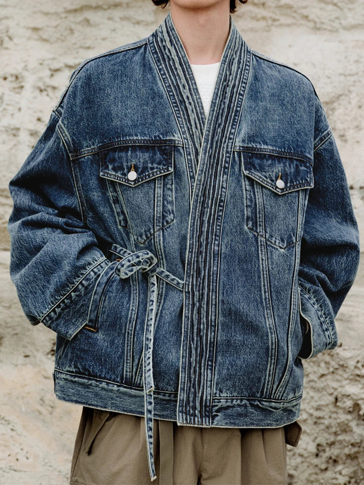 Veste En Denim Lavé Poids Lourd Avec Devant À Nouer Et Taille Lacée Pour Hommes Amawinc