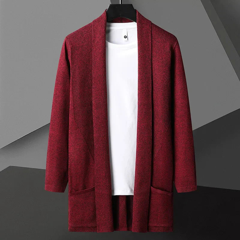 Hollen Cardigan Homme Léger Long Drapé Ouvert Devant Mélange Coton Lin Fini Mat Avec Poches Cachées