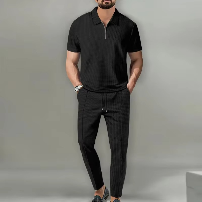 Ensemble Homme 2 Pièces Col Gaufre Uni Manches Courtes Polo Zip et Pantalon à Cordon