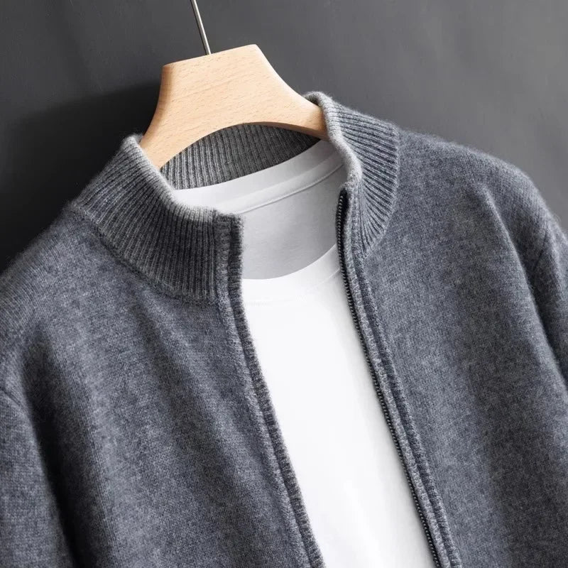 Amawinc Veste Tricot Homme Col Montant Zip Avec Bordures Côtes Style Sophistiqué Décontracté