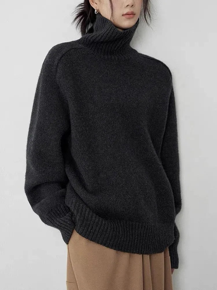Amawinc Pull Femme Col Haut En Maille Mélange Laine Oversize Confort Détente Quotidienne Bord Côtelé