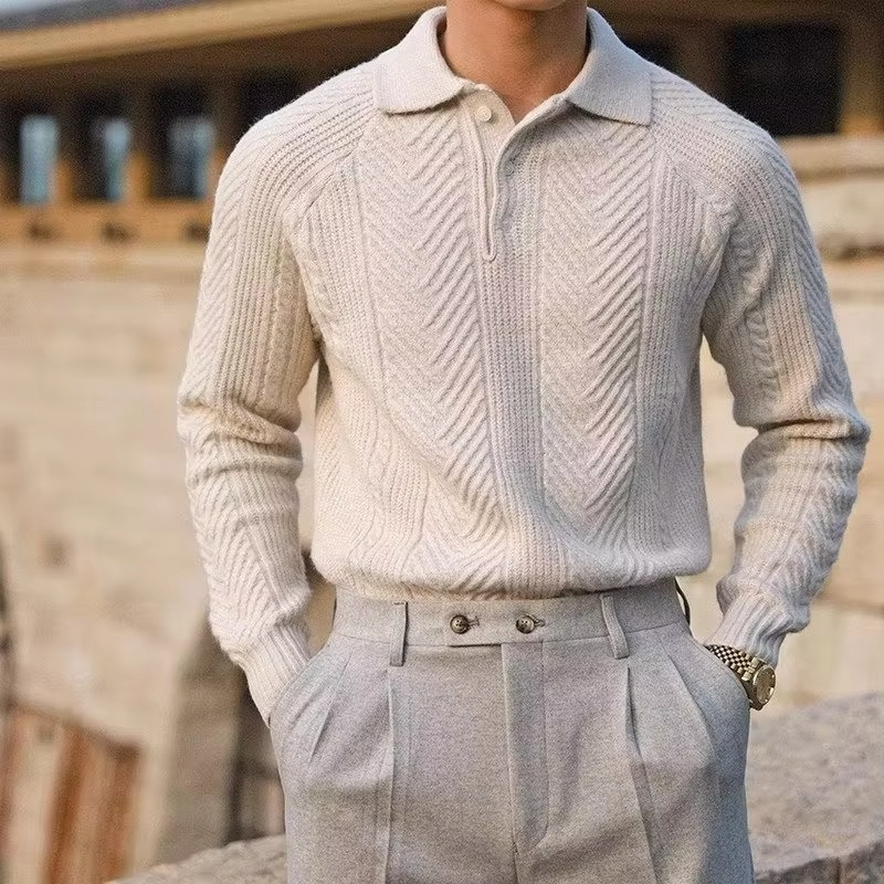 Pull Polo En Maille Pour Homme Avec Col Boutonné Manches Longues Style Vintage Pour Automne Et Hiver