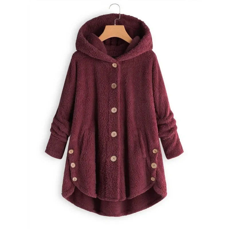 Veste Polaire Pour Femmes Coupe Décontractée Capuche Devant Boutons Texture Peluche Poches