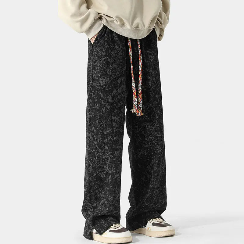 Pantalon de Survêtement Lavage Acide Vintage Coupe Ample Jambe Large Taille Élastique Cordon Tressé Polyester Respirant