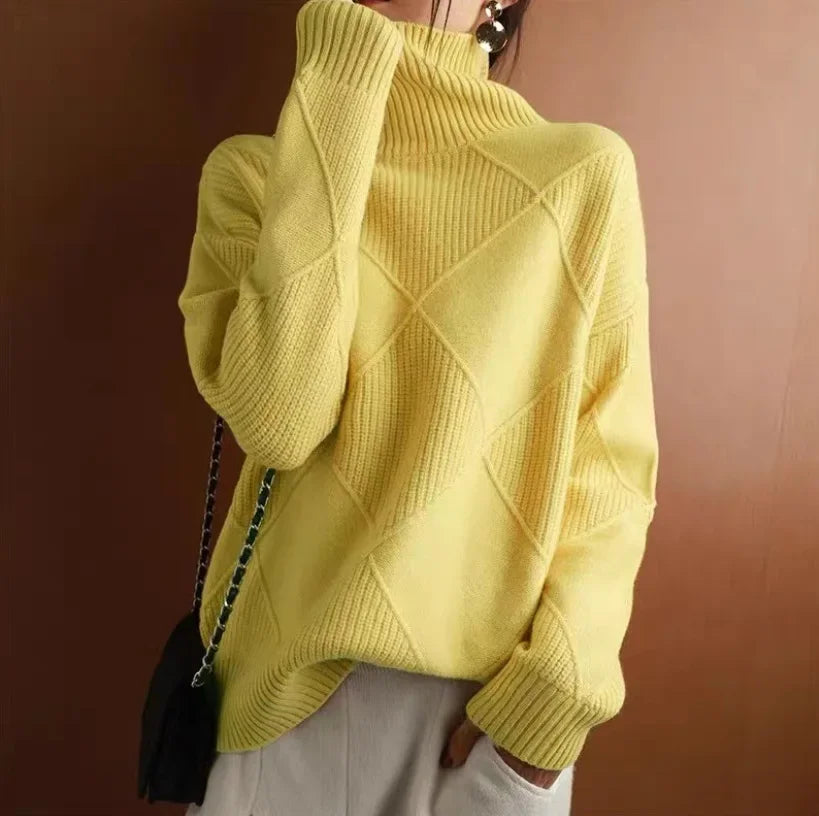 Allegra Pull En Cachemire Mélangé Motif Tricot Diamant Col Roulé Classique Coupe Ajustée Parfait Pour Superposition