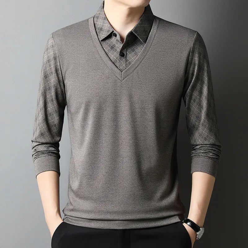 Aaron 2 en 1 Chemise à Manches Longues Style Polo Côtelé Pull Intégré Look Superposé Pour Travail et Loisirs