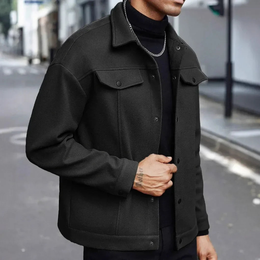 Veste Homme Mélange Laine Liam Col Montant Poches Rabat Devant Coupe Ajustée Pour Automne Hiver Élégante Et Polyvalente