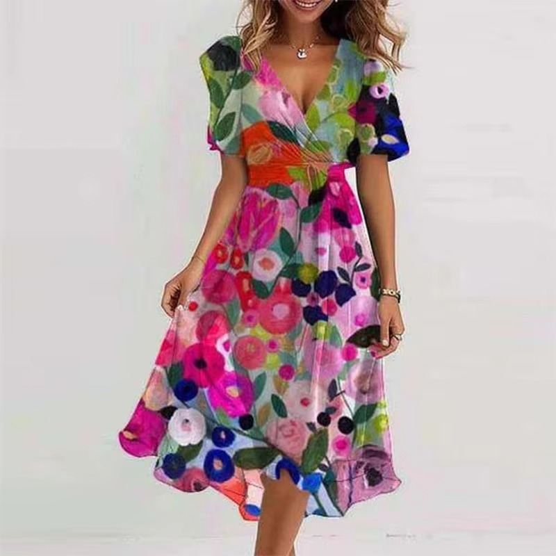 Robe Été Décontractée À Encolure V Imprimé Floral Ample Pour Femme Manches Courtes Confortable Et Respirante