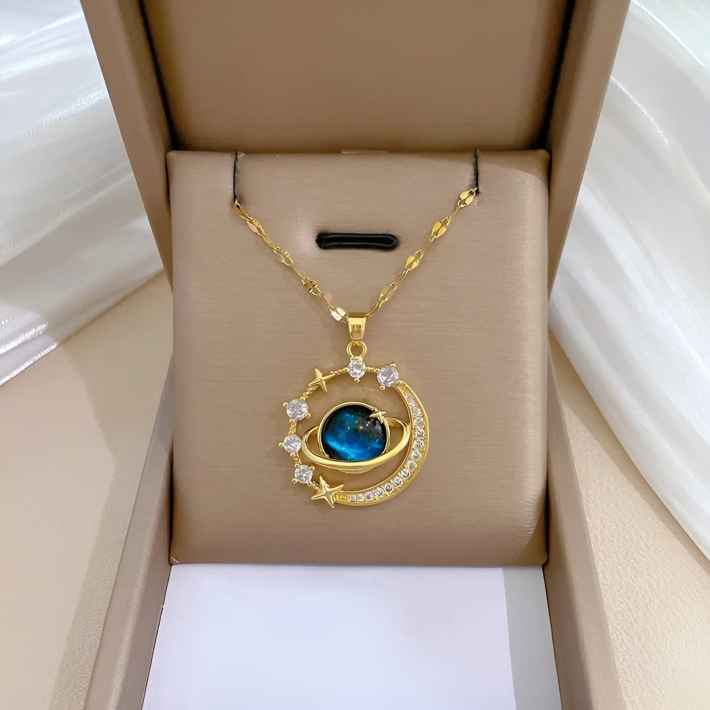 Collier Or Plaqué Acier Inoxydable Avec Aigue Marine et Cristaux Chaîne Câble Longueur 17 Pouces