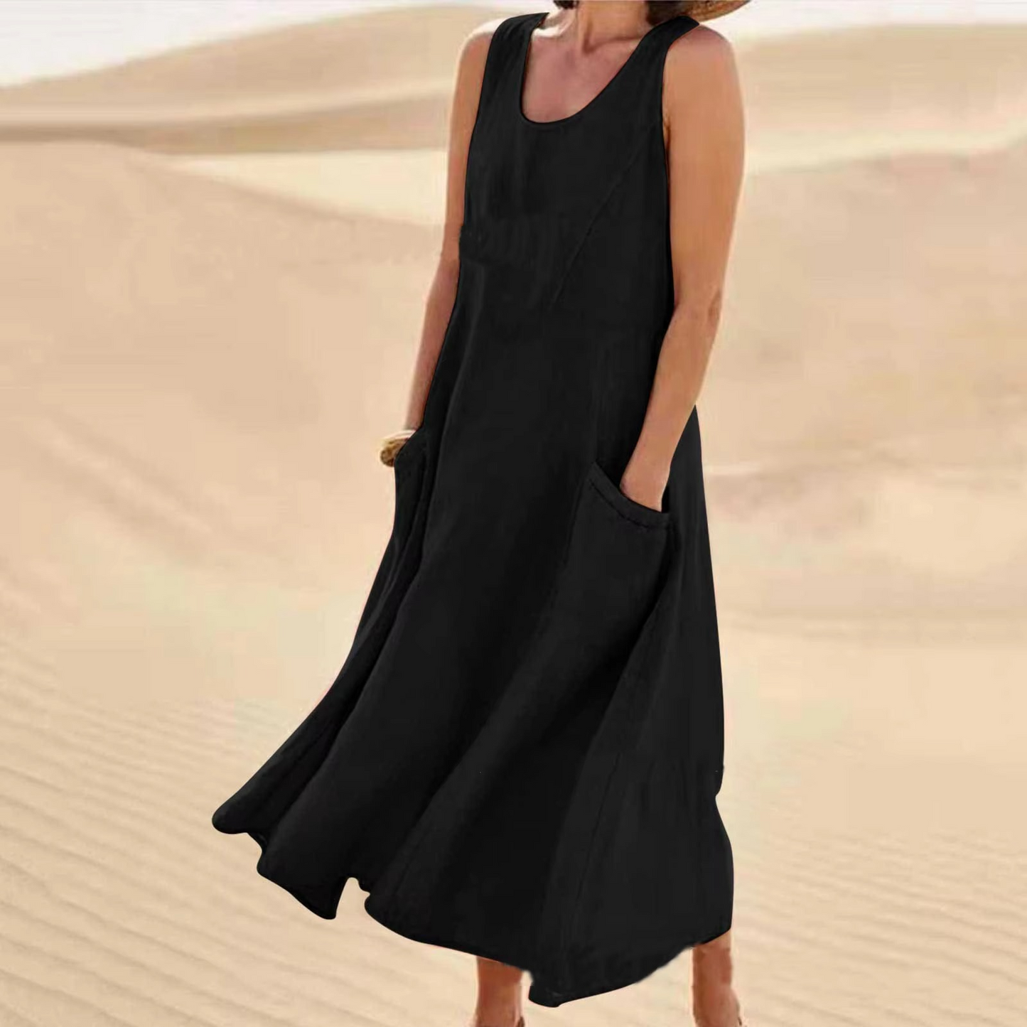 Robe Maxi Sans Manches En Coton Lin Avec Poches Pour La Plage, Coupe Décontractée, Tailles S À 5XL Amawinc