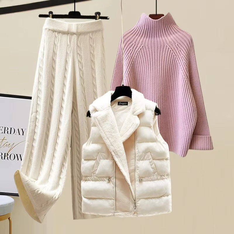 Ensemble Tricot Trois Pièces Pour Femme Avec Veste Col Roulé Pull Et Pantalon À Jambes Larges