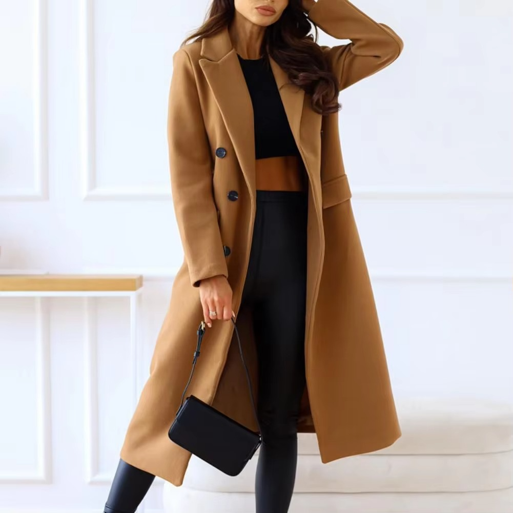Manteau D'Hiver Pour Femme Double Boutonnage Mi-Long À Revers Élégant Avec Manches Longues