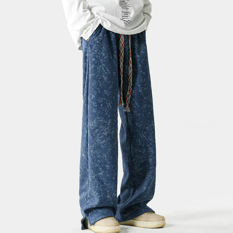 Pantalon de Survêtement Lavage Acide Vintage Coupe Ample Jambe Large Taille Élastique Cordon Tressé Polyester Respirant