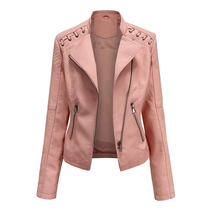 Veste Moto Femme En PU Cuir Court Slim Avec Fermeture Éclair Polyvalente 12 Couleurs