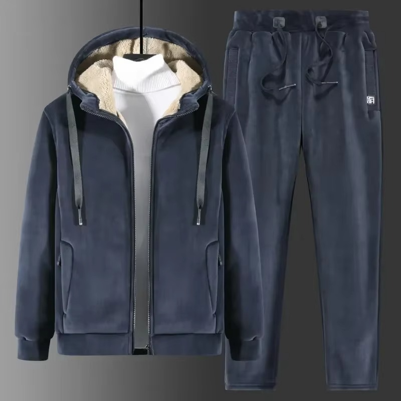 Survêtement Homme En Polaire Cachemire Épais À Capuche Et Pantalon Pour L'Hiver Chaud