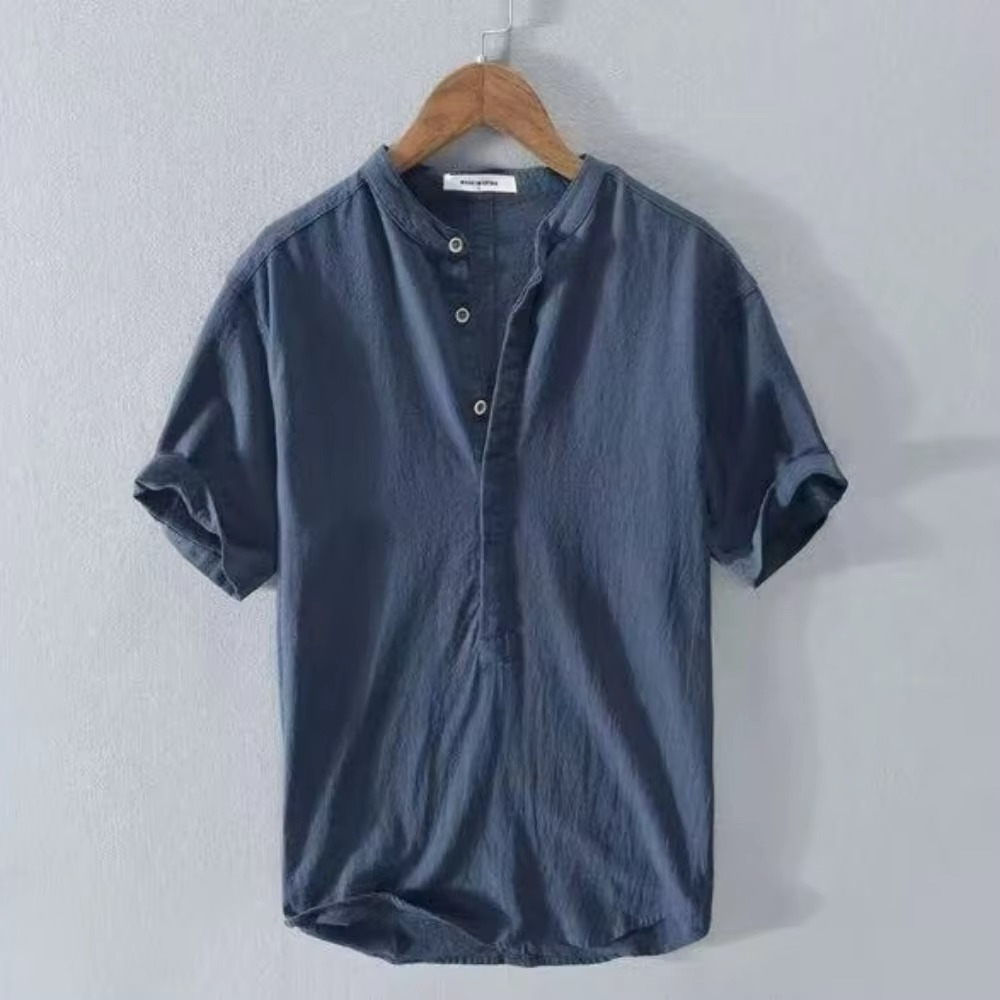 Chemise Homme En Coton Lin Manches Courtes Couleur Unie Décontractée Été Plage Respirante et Légère