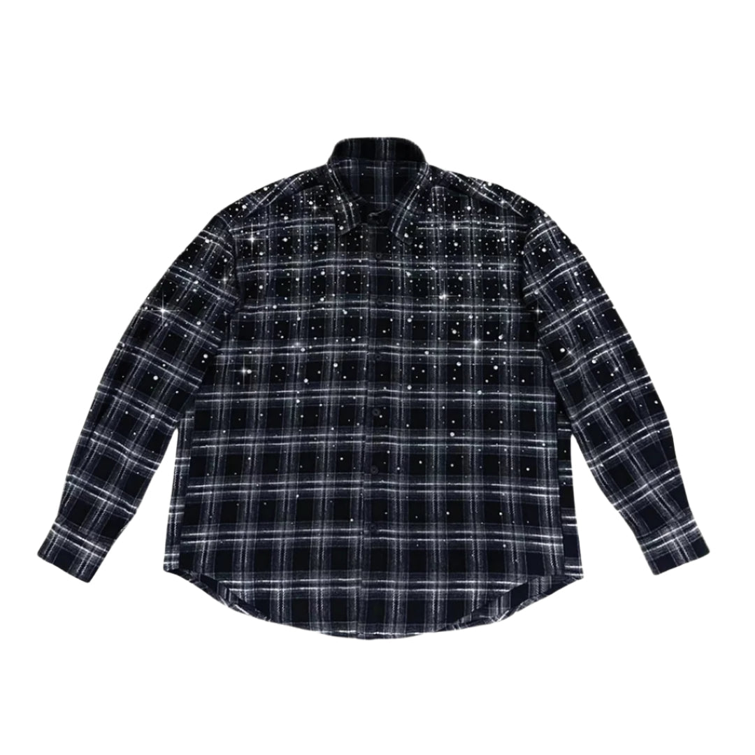 Chemise en Flanelle Midnight Range Avec Carreaux et Strass Léger Col Revers Boutons Coupe Décontractée Manches Longues