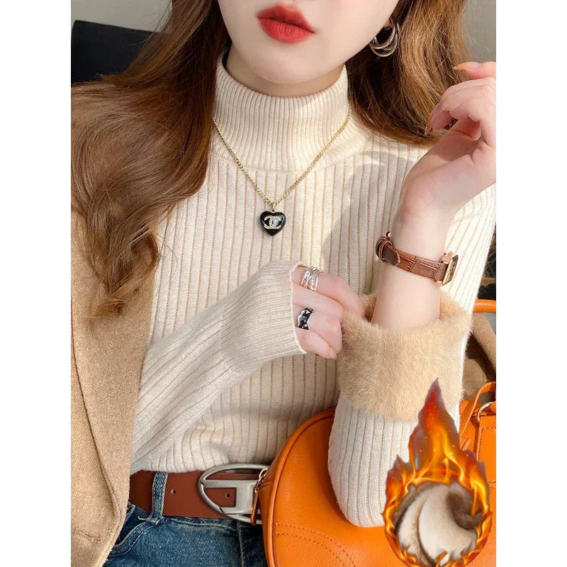 Pull Col Roulé Femme Slim Fit Tricot Côtelé Manches Longues Avec Poignets Velours Nordisk Flair