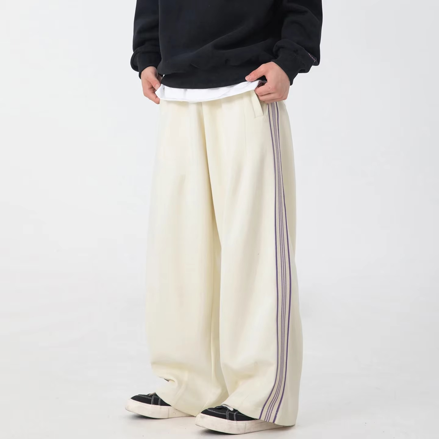 Pantalon De Survêtement Automne Hiver Avec Design Couture Coupe Ample Taille Élastique Bande Latérale Athlétique Amawinc
