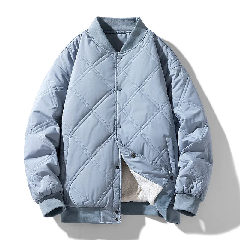 Veste Bomber Matelassée en Losanges Doublée de Polaire Chaude Pour Hiver Avec Poches Chaudes et Boutons Pression