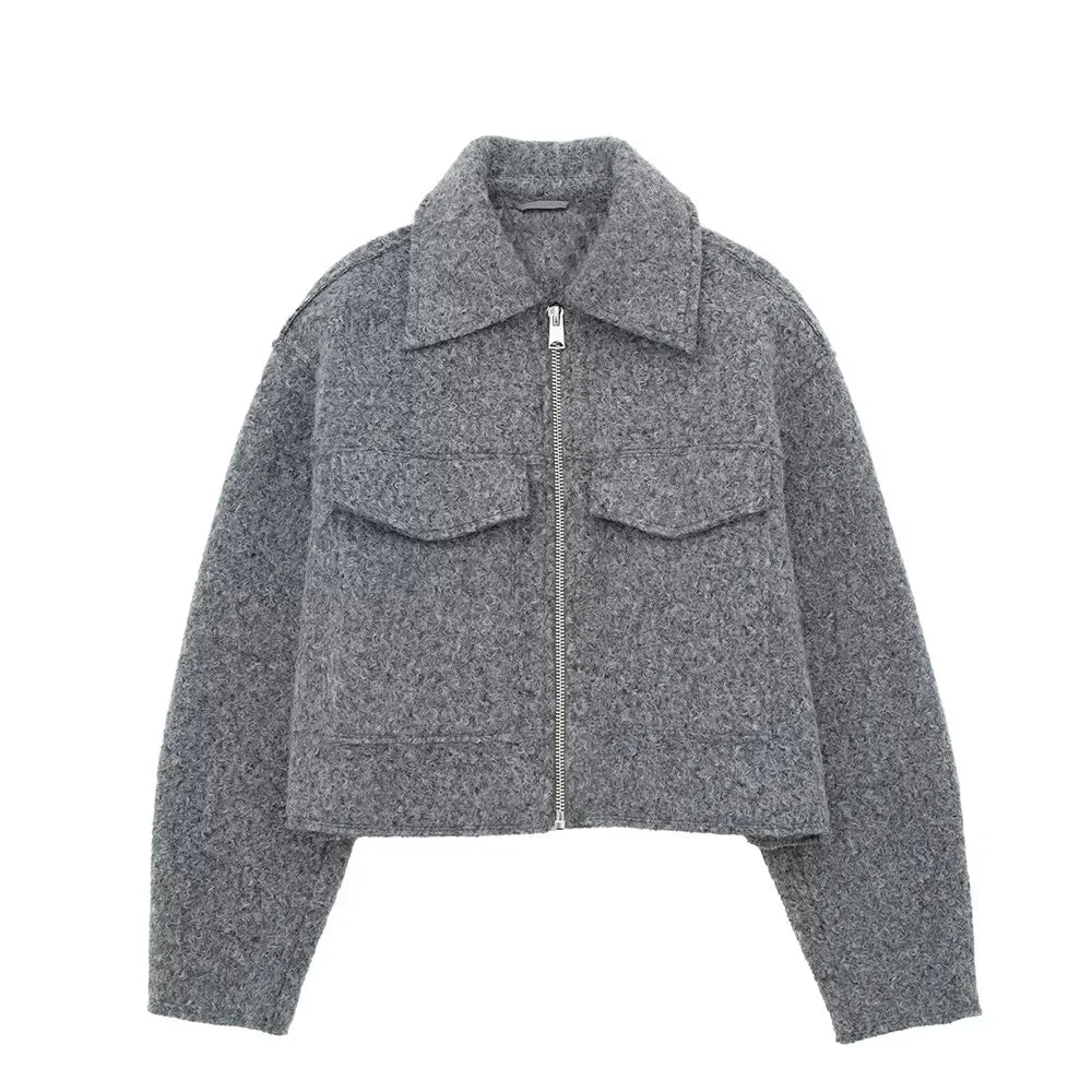 Veste Urbaine Couture À Coupe Ajustée Fermeture Éclair Poches Frontales Fonctionnelles Col Revers Vintage Tissu Doux