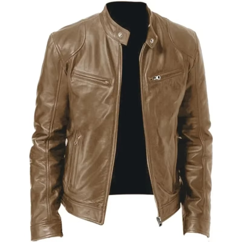 Veste Cuir PU Slim Fit Pour Homme Avec Col Debout Résistante Au Vent Style Moto Et Ville