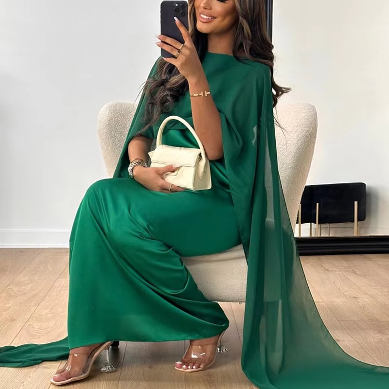Robe Longue En Chiffon Élégante Pour Soirée Avec Manches Châle Fluides Et Drapé Confortable Amawinc