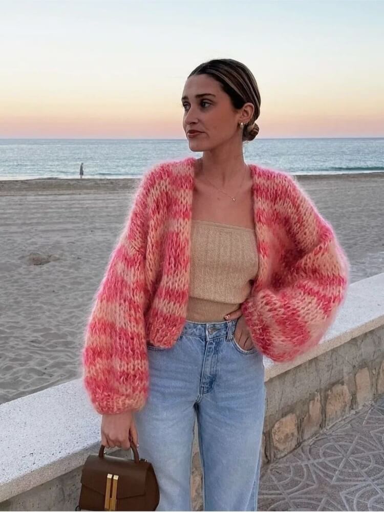 Cardigan En Maille Pour Femme Hiver Décontracté À Rayures Colorées Avec Manches Longues Confortable