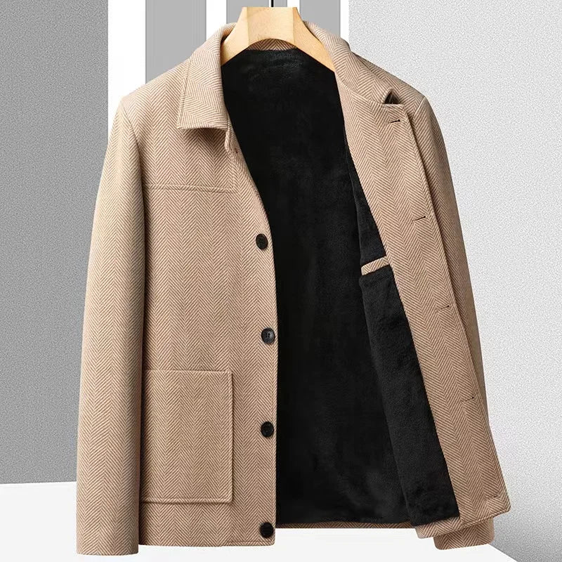 Manteau Court Herringbone Marc Taille Ajustée Col Revers Décontracté Poches Patch Léger et Chaud