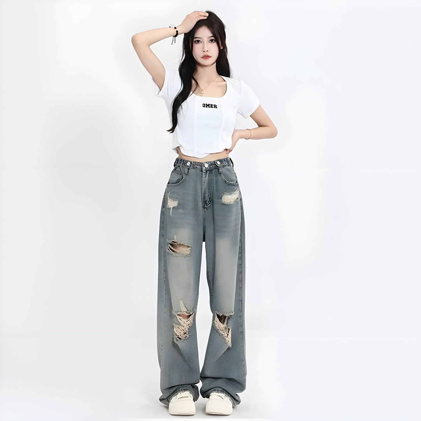Jeans Déchirés En Denim Vintage Lavé Clair Taille Haute Cintrée Look Streetwear Décontracté