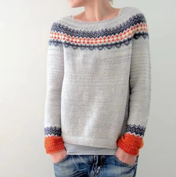Pull Femme Bicolore Décontracté En Maille À Col Rond Manches Longues Pour Quotidien Chic Confortable