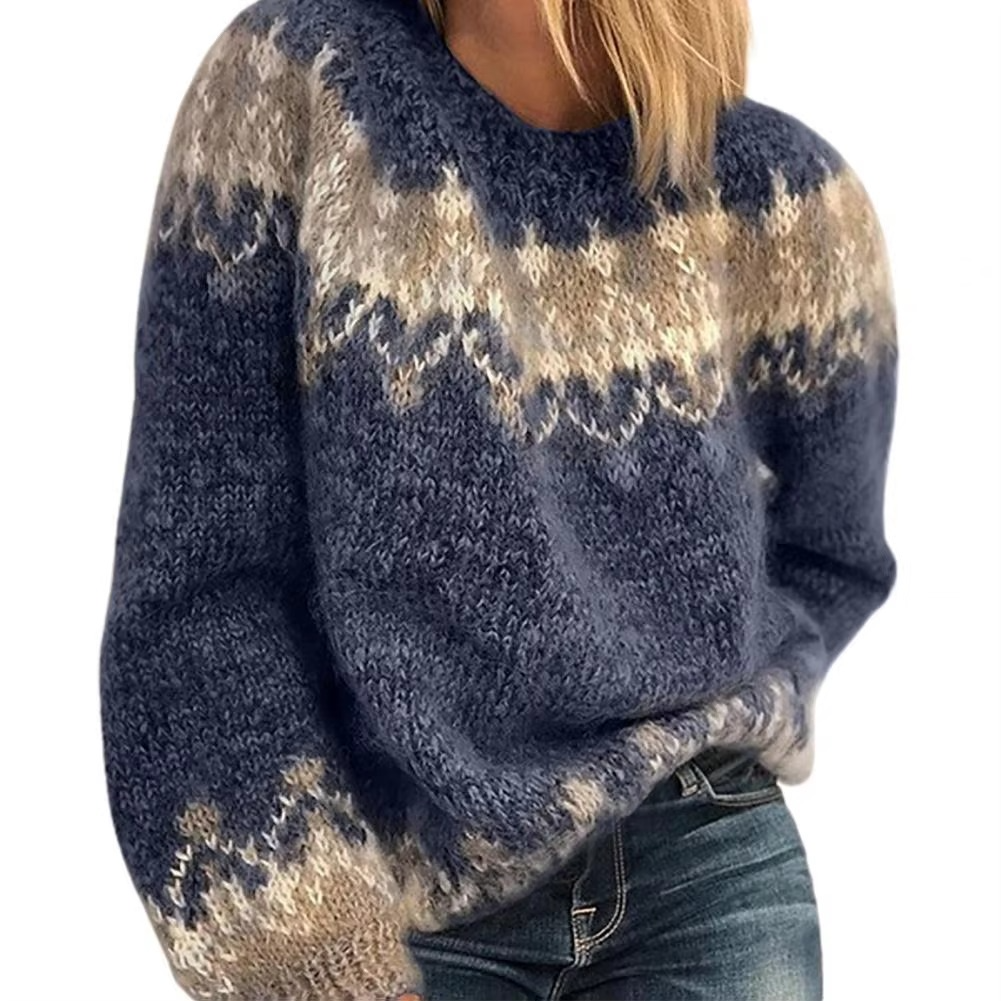 Pull Femme Oversize en Laine Mélangée Motif Fair Isle Col Rond Très Confortable et Chaud