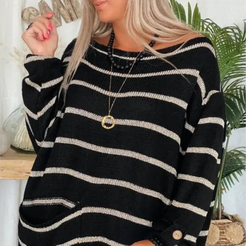 Pull Femme Oversize En Laine Mélangée Rayé Manches Longues Avec Poche Nordisk Flair
